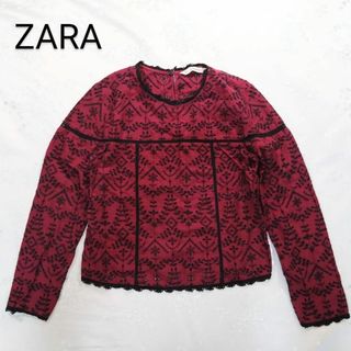 ザラ(ZARA)のZARA　ザラ　レース加工 ブラウス　フリルトップス　赤　えんじ(シャツ/ブラウス(長袖/七分))