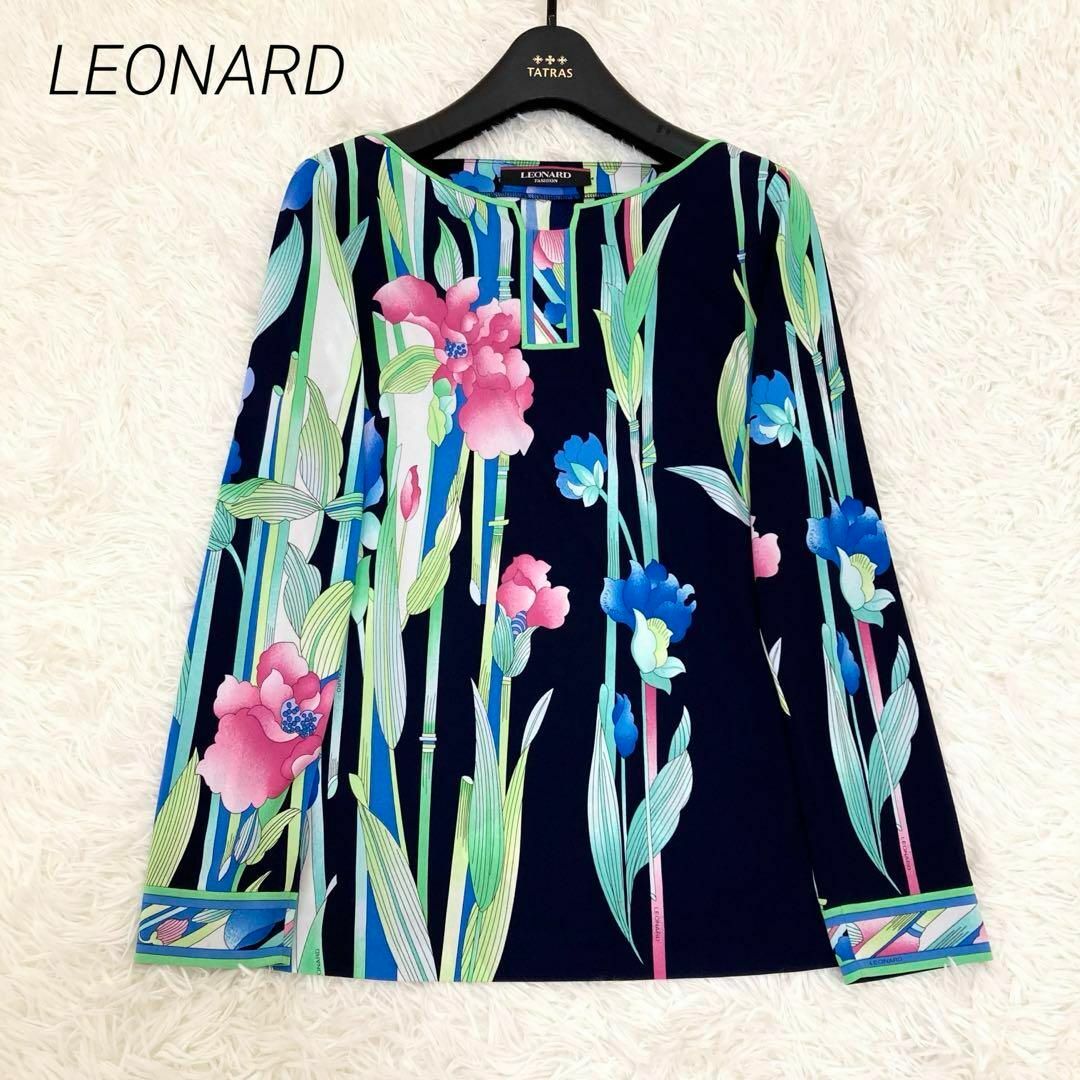 LEONARD ブラウス花柄トリムカンカン素材マルチ濃紺サイズL LEONARD ブラウス花柄トリムカンカン素材マルチ濃紺サイズL