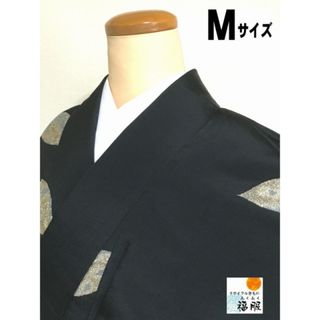 【中古】紬 正絹 黒地にリーフ文様 アンティーク 裄63cm Mサイズ(着物)