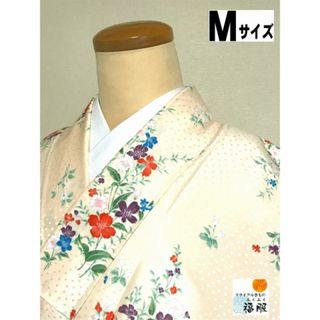 【中古】小紋 化繊 ピンク地に草花模様 裄64cm Mサイズ(着物)