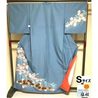 【中古】踊り用 化繊 ブルーグレー地に桜模様 胴抜き 裄64.5cm Sサイズ(着物)