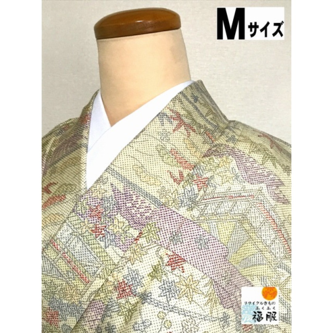 【中古】紬 正絹 生成り地に草花文様 単衣 裄63cm Mサイズ レディースの水着/浴衣(着物)の商品写真