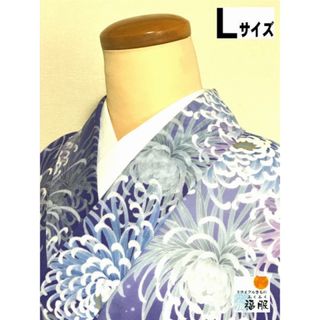 【中古】小紋 化繊 薄紫地に菊花模様 夏着物 裄68cm Lサイズ(着物)