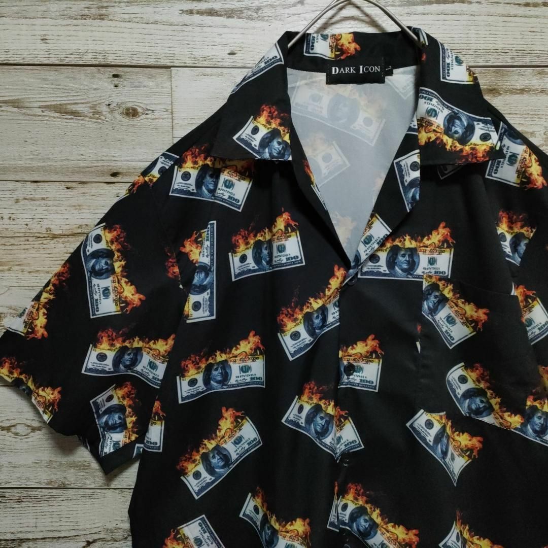 【692】炎ドル札 ファイヤーパターン半袖オープンカラーシャツ　ポリシャツ個性的 メンズのトップス(シャツ)の商品写真