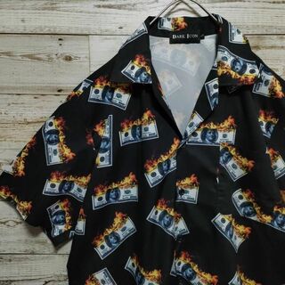 【692】炎ドル札 ファイヤーパターン半袖オープンカラーシャツ　ポリシャツ個性的(シャツ)