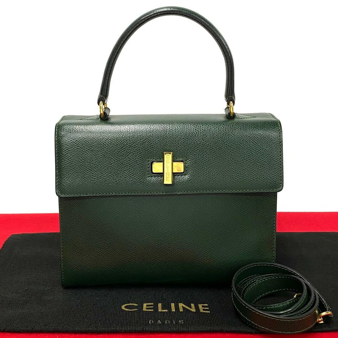 celine(セリーヌ)の未使用保管品 CELINE セリーヌ ヴィンテージ ロゴ 金具 レザー 本革 ターンロック 2way ハンドバッグ ショルダーバッグ グリーン 19865 レディースのバッグ(ショルダーバッグ)の商品写真