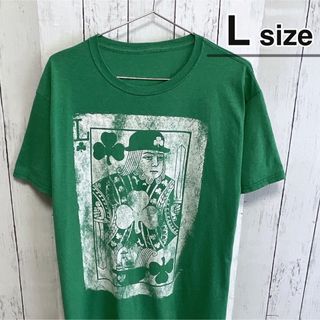 USA古着　Tシャツ　L　グリーン　緑　プリント　トランプ　ロゴ　クルーネック(Tシャツ/カットソー(半袖/袖なし))