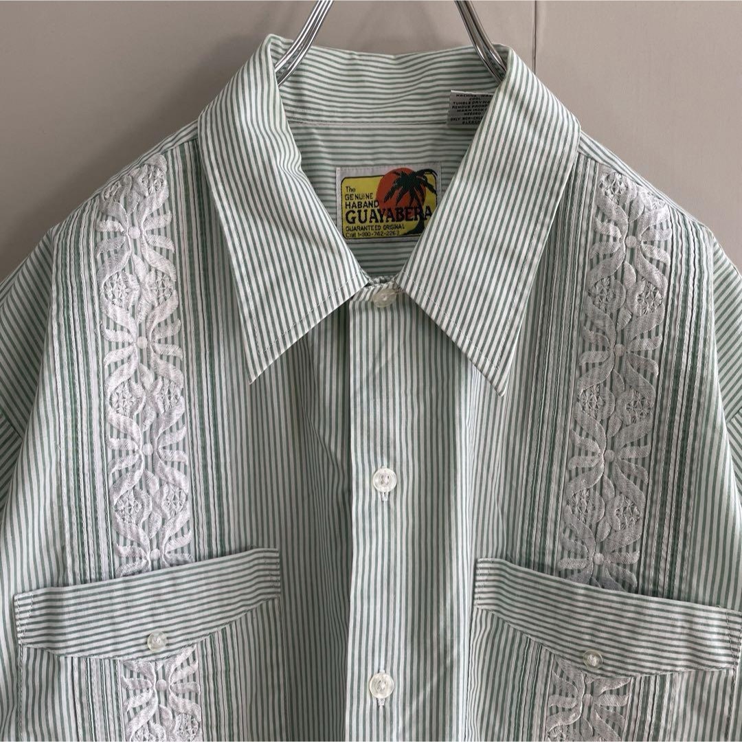 VINTAGE(ヴィンテージ)の【デザイン抜群、グリーン】キューバシャツ古着vintage90sストライプ半袖 メンズのトップス(シャツ)の商品写真