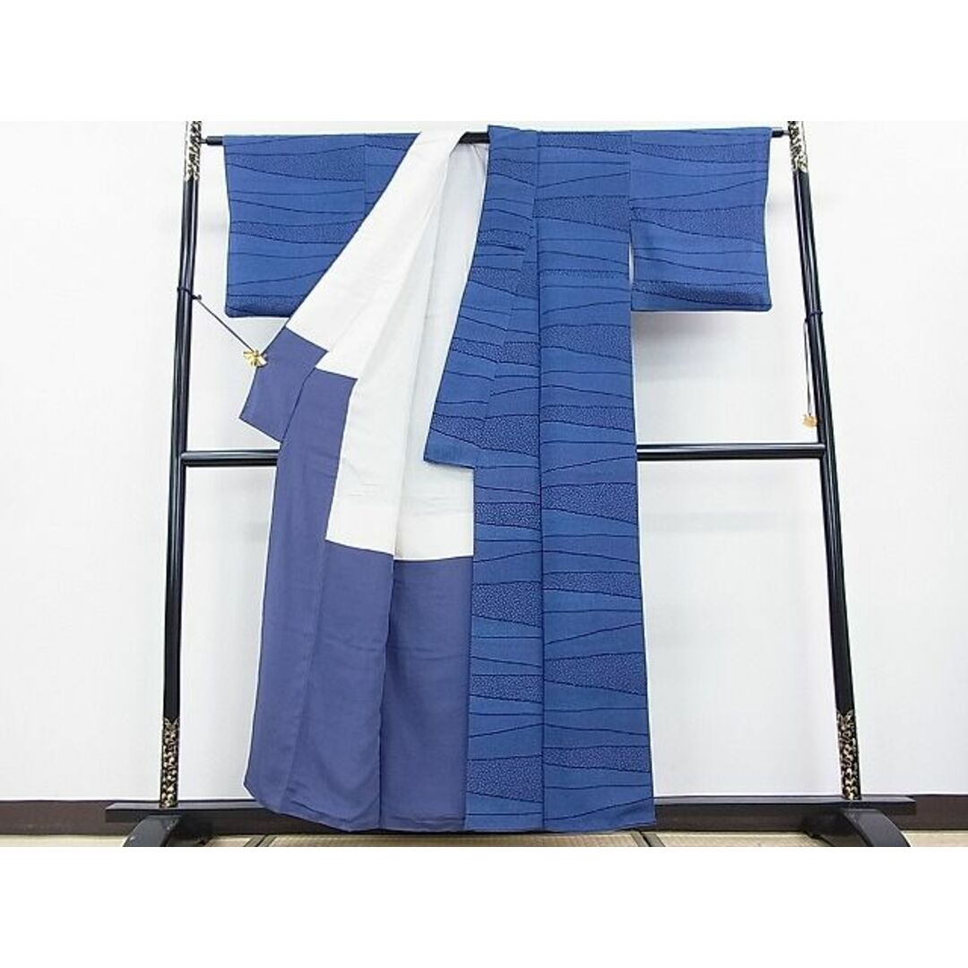 平和屋2■上質な小紋　藍　横段文　逸品　DAAC6145fe レディースの水着/浴衣(着物)の商品写真