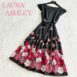 ローラアシュレイ(LAURA ASHLEY)の美品 ローラアシュレイ ロングワンピース 花柄 ローズ柄 シルク 11号 L(ロングワンピース/マキシワンピース)