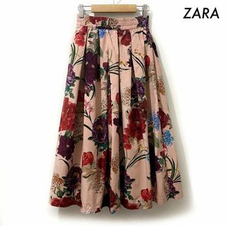 ザラ(ZARA)のZARA ザラ★花柄 ギャザースカート ひざ下丈 ピンク(ひざ丈スカート)