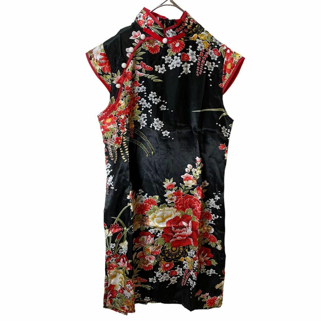 花柄 チャイナ風 ミニドレス 半袖 スリット入り ボディコン　ステージ衣装　S レディースのフォーマル/ドレス(ナイトドレス)の商品写真