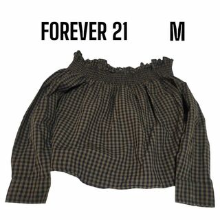 FOREVER 21 - Forever21  オフショルトップス　フリル　ギンガムチェック　カーキ✕黒