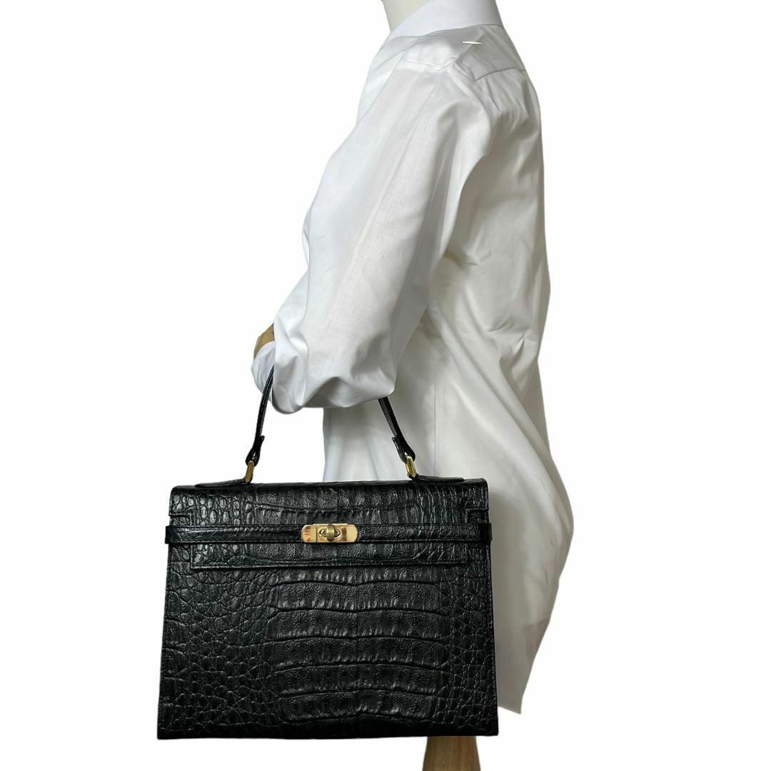 niimura クロコ 型押 本革 ハンドバッグ ベルト ターンロック ゴールド レディースのバッグ(ハンドバッグ)の商品写真