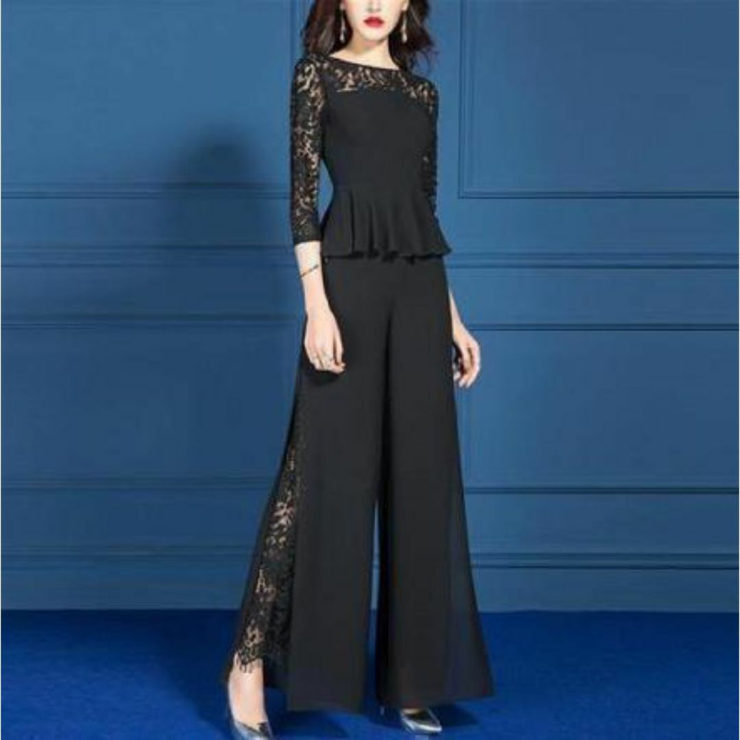 パンツドレスセット　結婚式　お呼ばれ　春スーツ きれいめオールインワン風2XL黒 レディースのフォーマル/ドレス(その他ドレス)の商品写真
