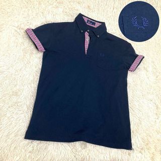 フレッドペリー(FRED PERRY)の希少/美品✨ フレッドペリー ポロシャツ 半袖 チェック 月桂樹ロゴ 紺色 S(ポロシャツ)