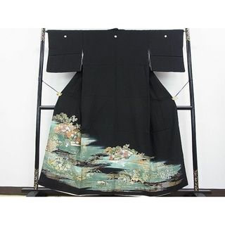 平和屋2■豪華黒留袖　駒刺繍　扇面吉祥鴛鴦花文　暈し染め　金彩　逸品　DAAC6019fe(着物)