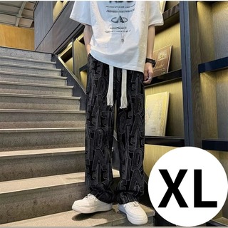カジュアル　パンツ ストリート　黒　ダンス　古着風　英語ロゴ　XL　(スラックス)