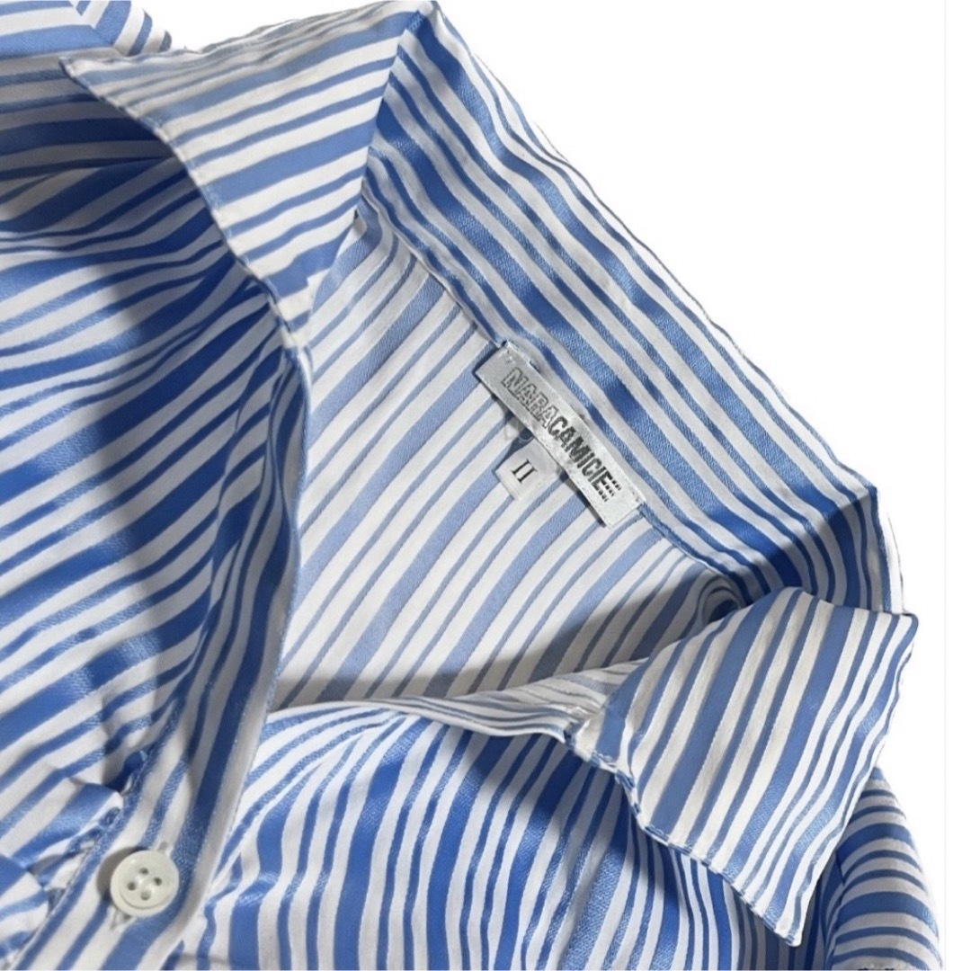 NARACAMICIE(ナラカミーチェ)のナラカミーチェ  サテンストライプ　ケア楽　七分袖　ブラウス　Ⅱ M 白　ブルー レディースのトップス(シャツ/ブラウス(長袖/七分))の商品写真