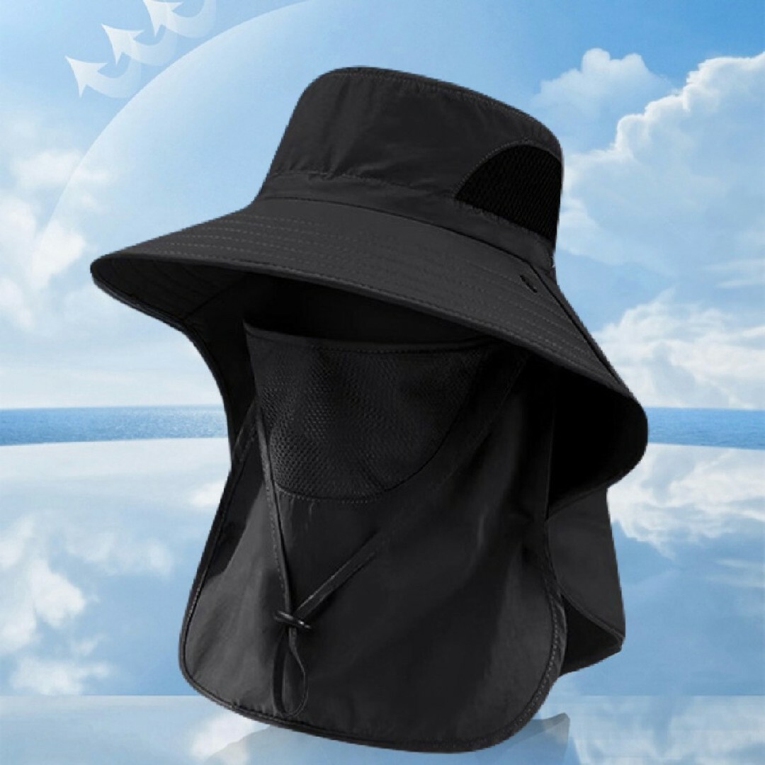 つば広 日除けハット フェイスカバー ブラック UVカット 帽子 紫外線 日よけ レディースの帽子(ハット)の商品写真