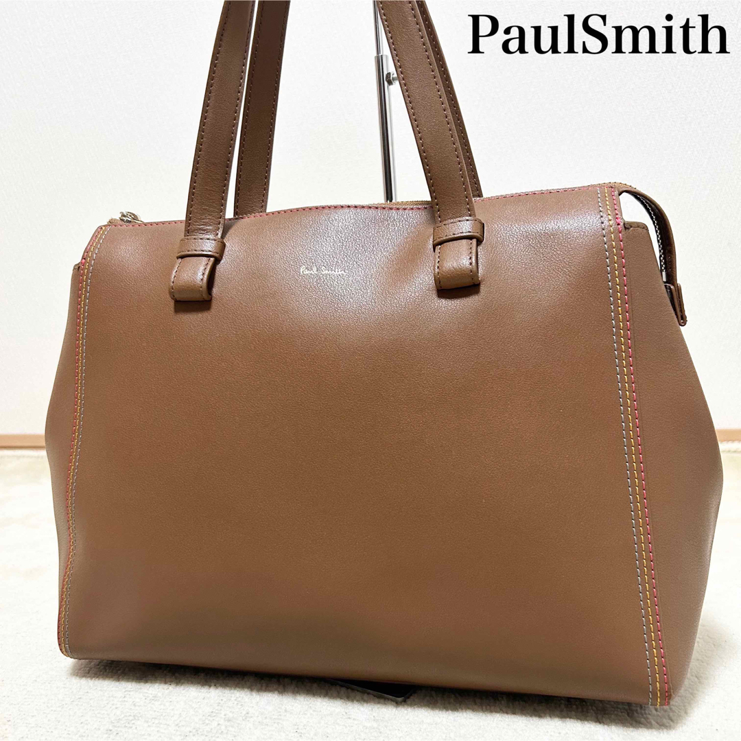 Paul Smith(ポールスミス)の美品　PaulSmith レザートートバッグ　マルチカラー　肩がけ可　ブラウン レディースのバッグ(トートバッグ)の商品写真