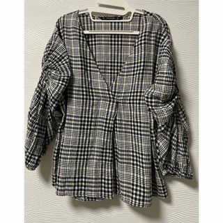 ザラ(ZARA)のZARA☆ねじり袖チェック柄ブラウス　L   送料無料！(シャツ/ブラウス(長袖/七分))