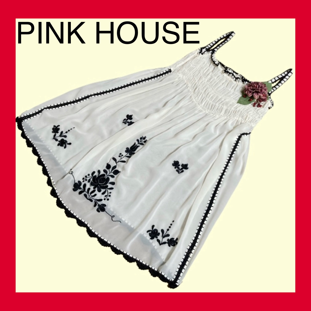 PINK HOUSE(ピンクハウス)のピンクハウスフラワー刺繍チュニックワンピース生成黒シフォン レディースのトップス(チュニック)の商品写真
