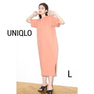 ユニクロ(UNIQLO)のユニクロ　マーセライズコットンロングT ワンピース  L オレンジ　ピンク　膝丈(ロングワンピース/マキシワンピース)