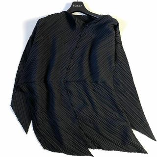 イッセイミヤケ(ISSEY MIYAKE)の美品◇イッセイミヤケ　アシンメトリーシャツ　変形　プリーツ加工　Lサイズ　黒(シャツ/ブラウス(長袖/七分))