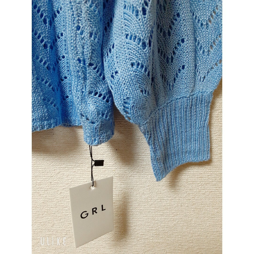 GRL(グレイル)のGRL♡カーディガン F ライトブルー💙透かし編み　フロントリボン　新品未使用 レディースのトップス(カーディガン)の商品写真