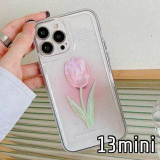 iPhone13mini ケース チューリップ クリア ピンク かわいい 韓国(iPhoneケース)