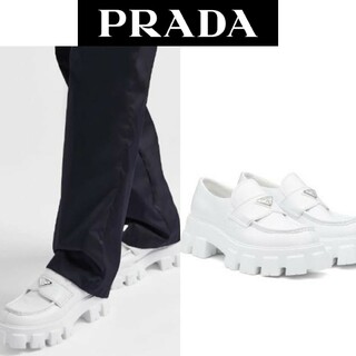 PRADA - プラダ モノリス ローファー 5.5 ホワイト 白 トライアングルロゴ バッグ