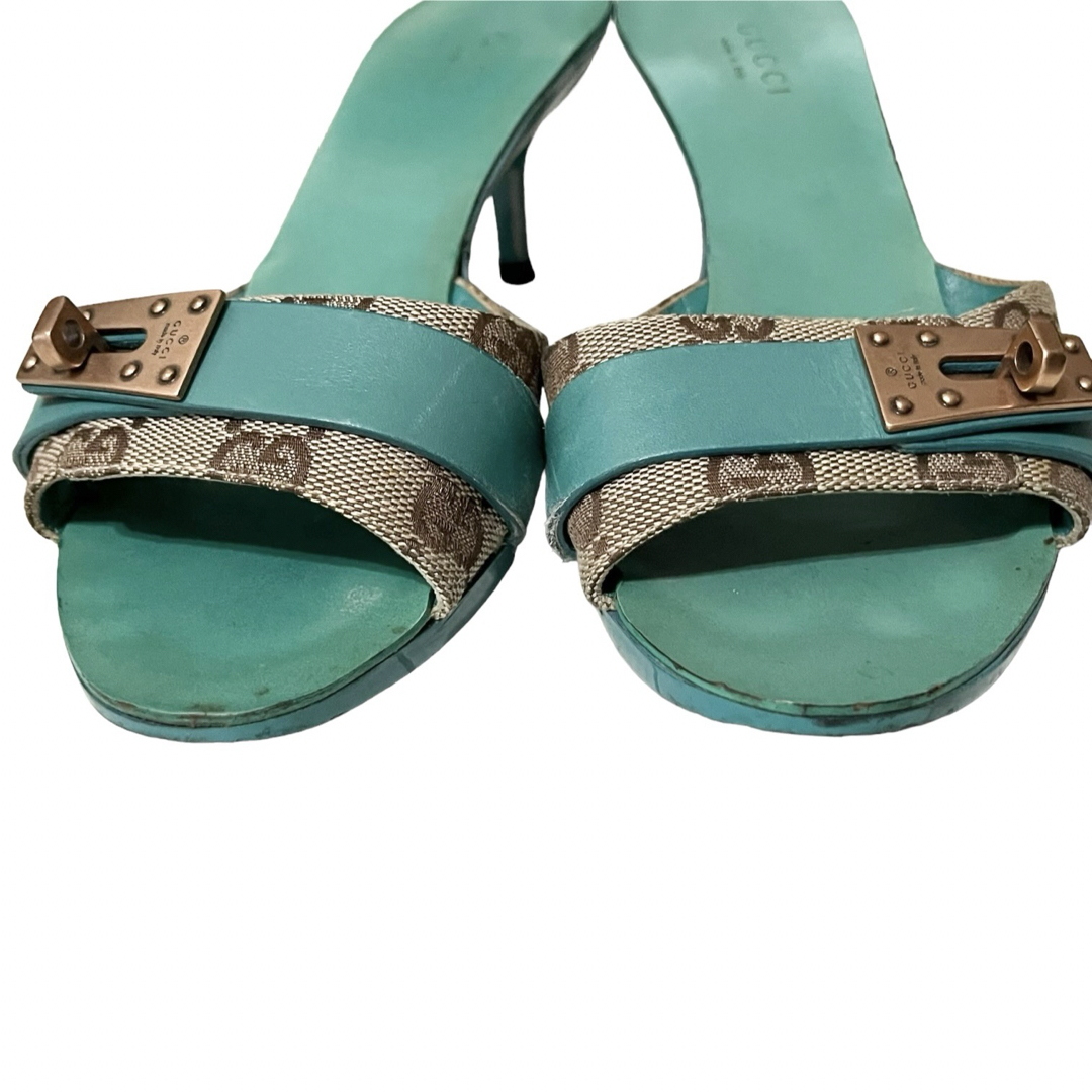 Gucci(グッチ)のGUCCI グッチ ミュール サンダル GG柄 35グリーン ローヒール  レディースの靴/シューズ(サンダル)の商品写真