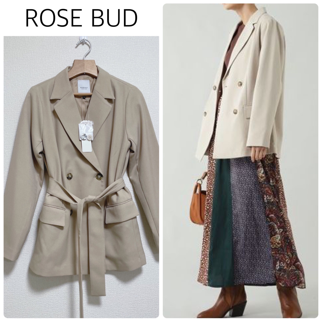 ROSE BUD(ローズバッド)の【新品タグ付】ROSE BUDベルト付テーラードジャケット　ベージュ　Sサイズ レディースのジャケット/アウター(テーラードジャケット)の商品写真