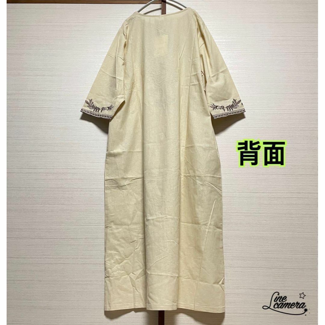 XL【新品】春　薄手　民族　刺繍　ベージュ　Aライン　ミモレ丈　ゆったり レディースのワンピース(ロングワンピース/マキシワンピース)の商品写真