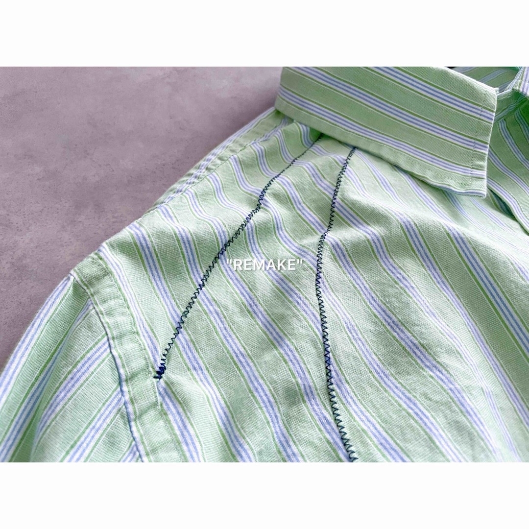"remake" green stripe cut-off shirt. 長袖 メンズのトップス(シャツ)の商品写真