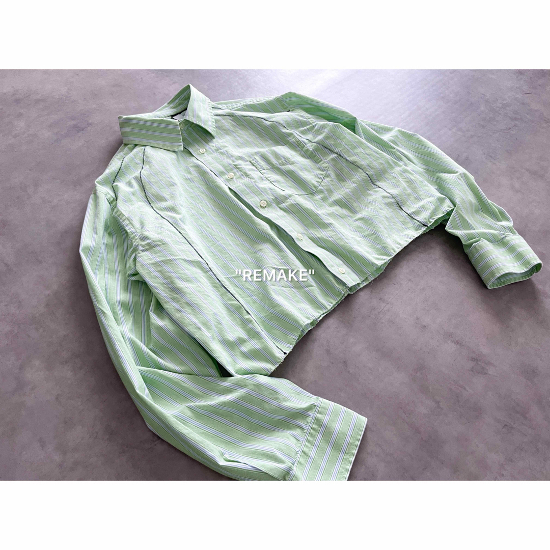 "remake" green stripe cut-off shirt. 長袖 メンズのトップス(シャツ)の商品写真