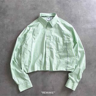 "remake" green stripe cut-off shirt. 長袖(シャツ)