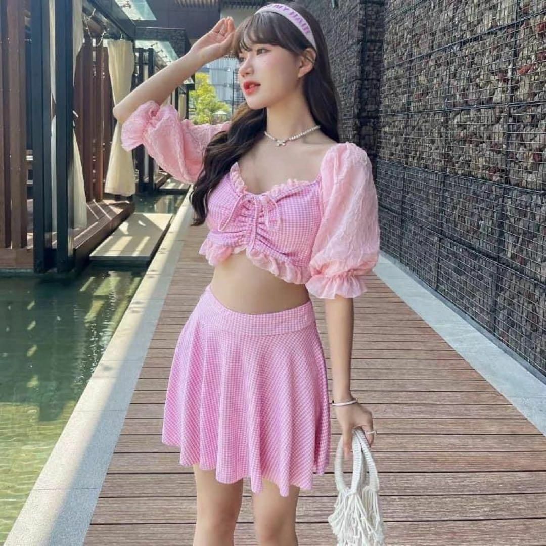 ギンガムチェック スカート水着 可愛い ピンク Ｆ フリル レディースの水着/浴衣(水着)の商品写真