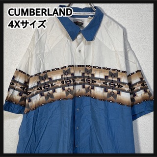 【半袖柄シャツ】ワークシャツ　幾何学　胸ポケット　ボーダー　胸ポケット32(シャツ)