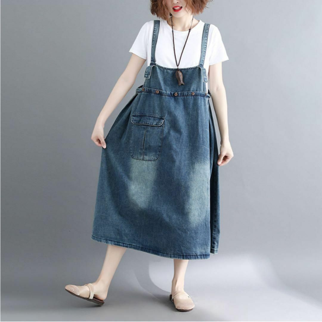 XL デニム　ジャンパースカート　ワンピース　キャミソール　ゆったり ウエスト紐 レディースのワンピース(ロングワンピース/マキシワンピース)の商品写真