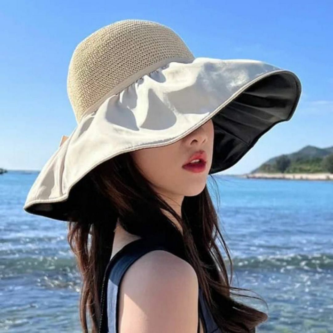 つば広  UVカット 日焼け対策  折りたたみ あご紐付き 旅行  レディースの帽子(麦わら帽子/ストローハット)の商品写真