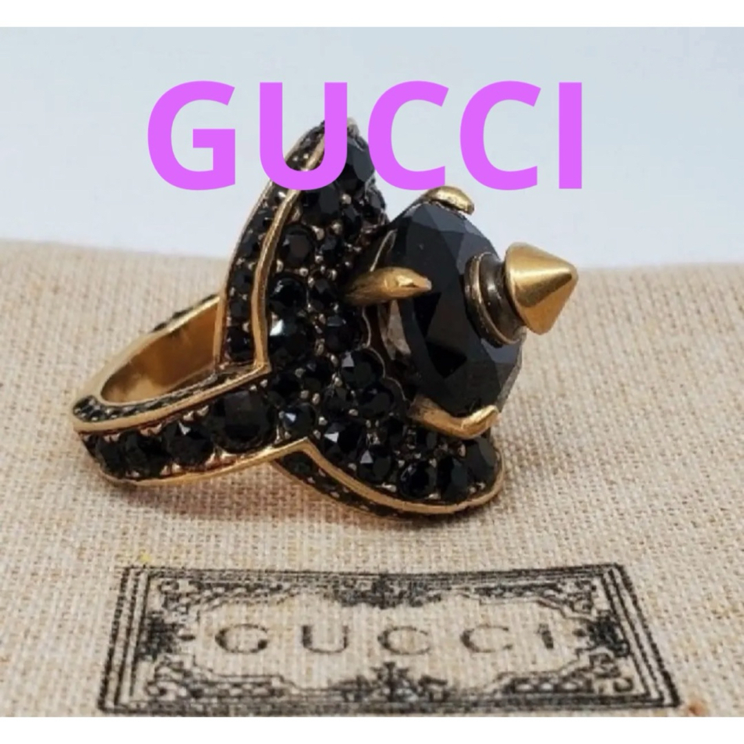 Gucci(グッチ)の【GUCCI・廃盤美品】グッチ　ブラックストーン ビジュー　ブラック×ゴールド レディースのアクセサリー(リング(指輪))の商品写真