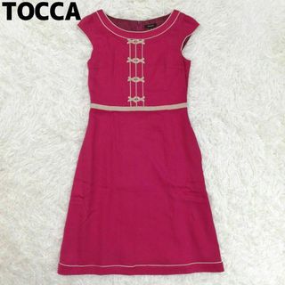 トッカ(TOCCA)のTOCCA トッカ　ワンピース　ジャガード　膝丈　リボン　赤　レッド　M(ひざ丈ワンピース)