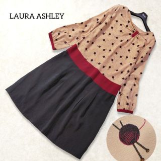 ローラアシュレイ(LAURA ASHLEY)のローラアシュレイ ✿ 大人可愛い 毛糸柄 ワンピース 2 ベージュ 薄手 膝丈(ひざ丈ワンピース)