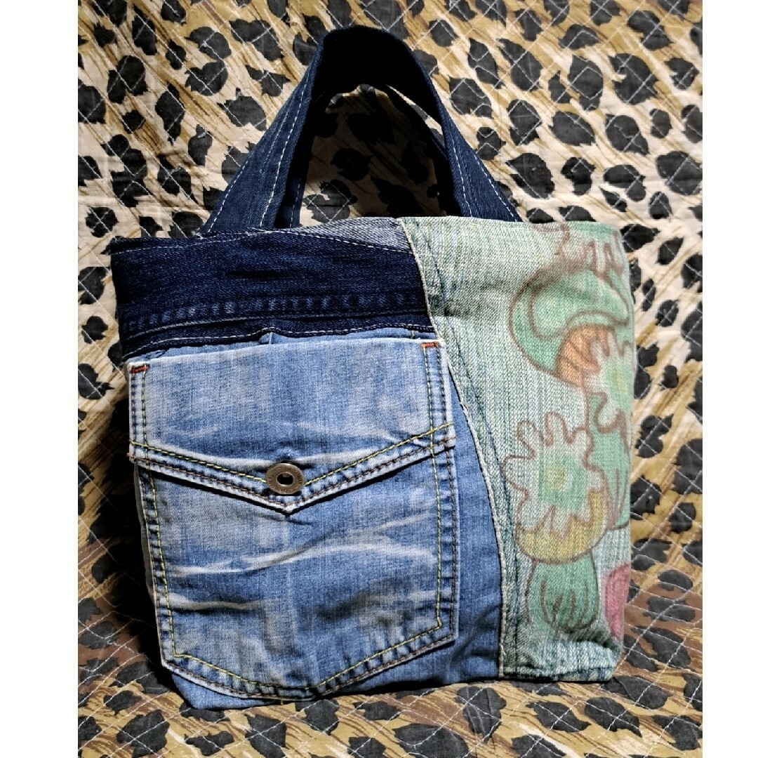 デニムリメイクバッグ、小鹿ミニバッグセット ハンドメイドのファッション小物(バッグ)の商品写真