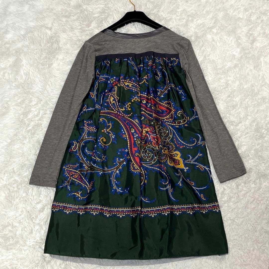 sacai(サカイ)のsacai サカイ スカーフ 切替 長袖 ワンピース グレー × グリーン レディースのワンピース(ひざ丈ワンピース)の商品写真