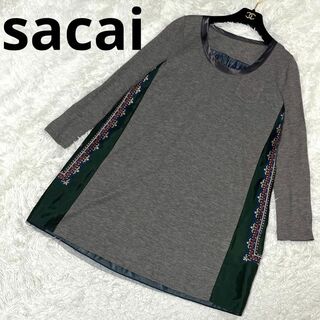 サカイ(sacai)のsacai サカイ スカーフ 切替 長袖 ワンピース グレー × グリーン(ひざ丈ワンピース)