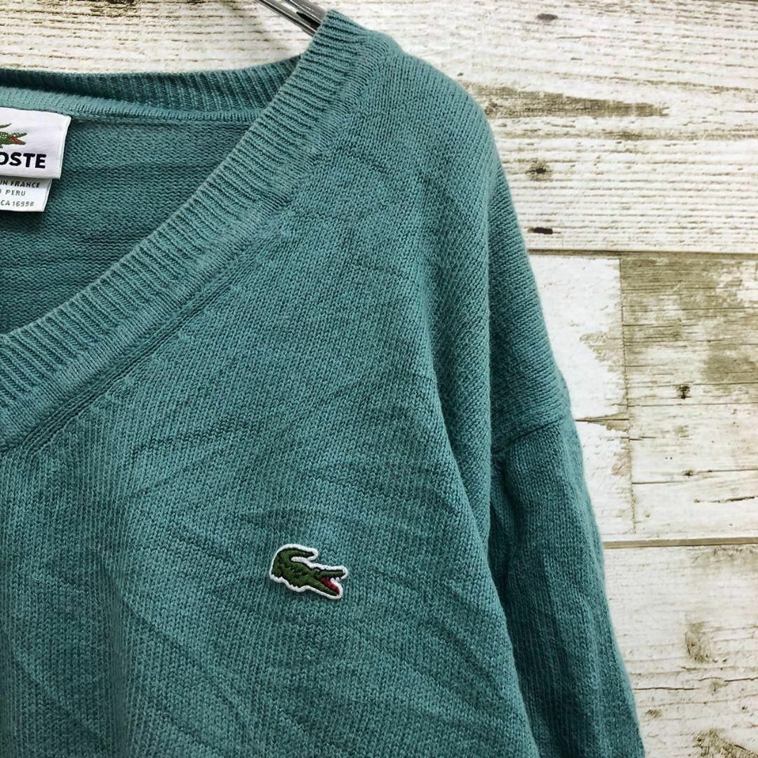 LACOSTE(ラコステ)の【k6704】希少USA古着ラコステ刺繍ロゴコットンニットプルオーバーVネック緑 メンズのトップス(ニット/セーター)の商品写真