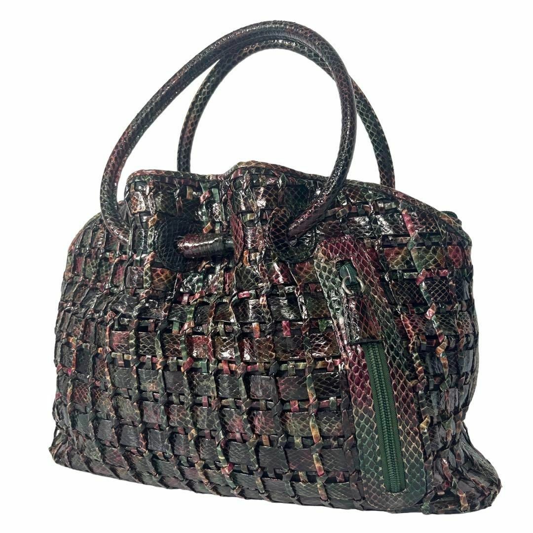 パイソン 蛇革 ハンドバッグ マルチカラー イントレチャート サークル ハンドル レディースのバッグ(かごバッグ/ストローバッグ)の商品写真